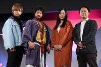 2018年12月2日に行われた「喝風太郎!!」制作発表会見の様子。左から藤田富、市原隼人、工藤綾乃、柴田啓佑。