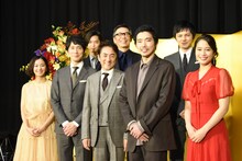 「家康、江戸を建てる」試写会の様子。前列左から優香、佐々木蔵之介、市村正親、柄本佑、広瀬アリス。後列左から千葉雄大、生瀬勝久、林遣都。