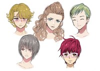 「KING OF PRISM -Shiny Seven Stars-」より、K-4-Bの設定画。左上から時計回りに田町ムネヒサ、田端ハジメ、日暮里テル、池袋エィス、西日暮里アヤノ。