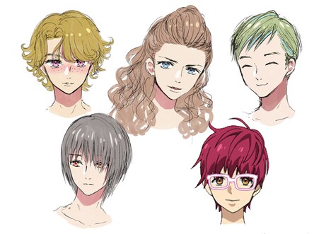 「KING OF PRISM -Shiny Seven Stars-」より、K-4-Bの設定画。左上から時計回りに田町ムネヒサ、田端ハジメ、日暮里テル、池袋エィス、西日暮里アヤノ。