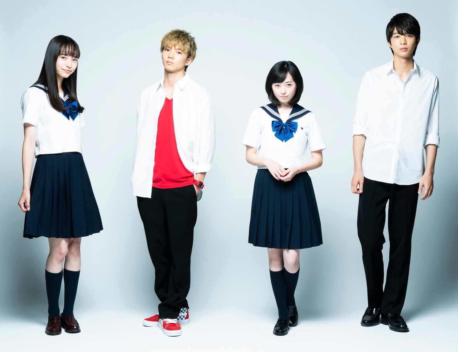 「4月の君、スピカ。」キャスト。左から井桁弘恵、佐藤大樹、福原遥、鈴木仁。