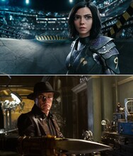 ローサ・サラザール演じるアリータ（上段）、クリストフ・ヴァルツ演じるイド（下段）。