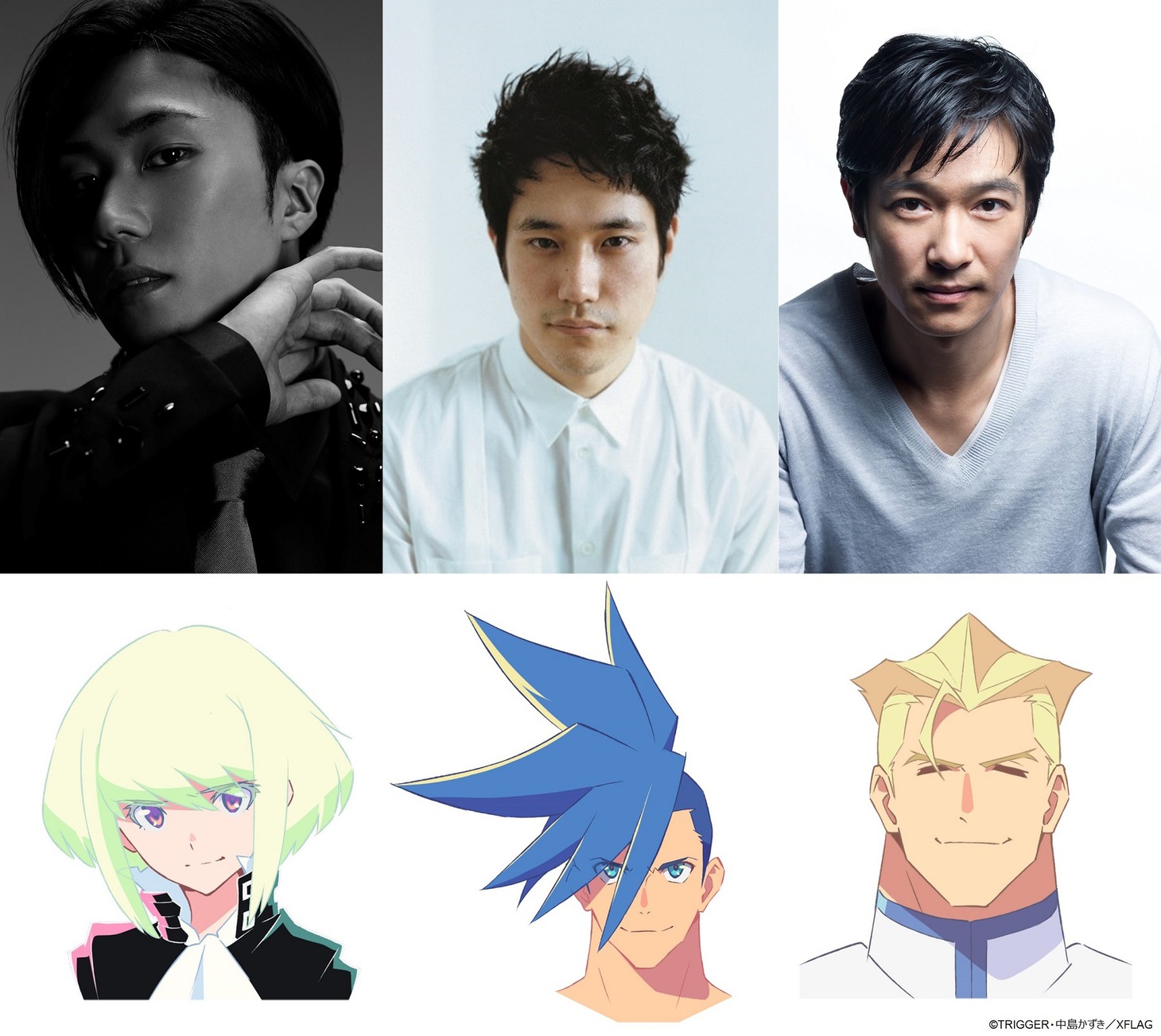 「プロメア」キャスト。上段左から早乙女太一、松山ケンイチ、堺雅人。下段左からリオ・フォーティア、ガロ・ティモス、クレイ・フォーサイト。