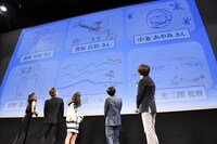 イラストを見上げる登壇者たち。