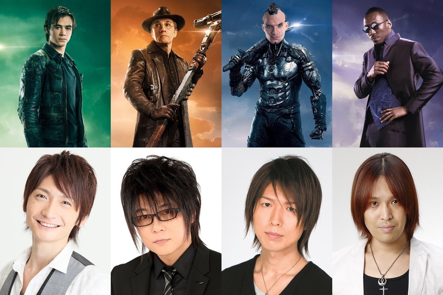 上段左からヒューゴ、イド、ザパン、ベクター。下段左から島崎信長、森川智之、神谷浩史、鶴岡聡。