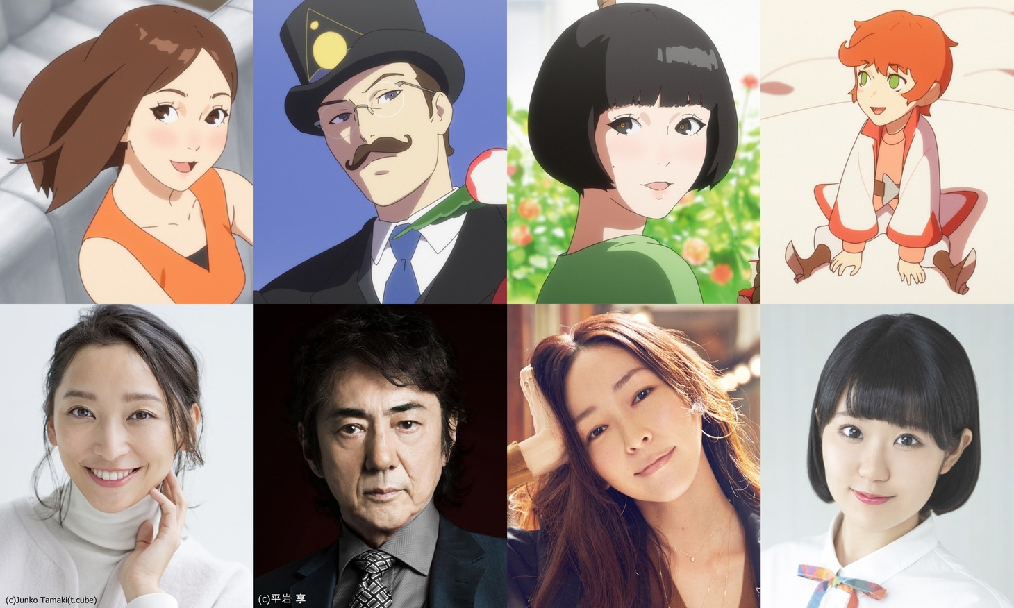 「バースデー・ワンダーランド」キャスト一覧。左からチィと杏、ヒポクラテスと市村正親、ミドリと麻生久美子、ピポと東山奈央。