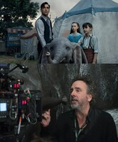 上段は「ダンボ」より、コリン・ファレル演じるホルト（左）、下段はティム・バートン。