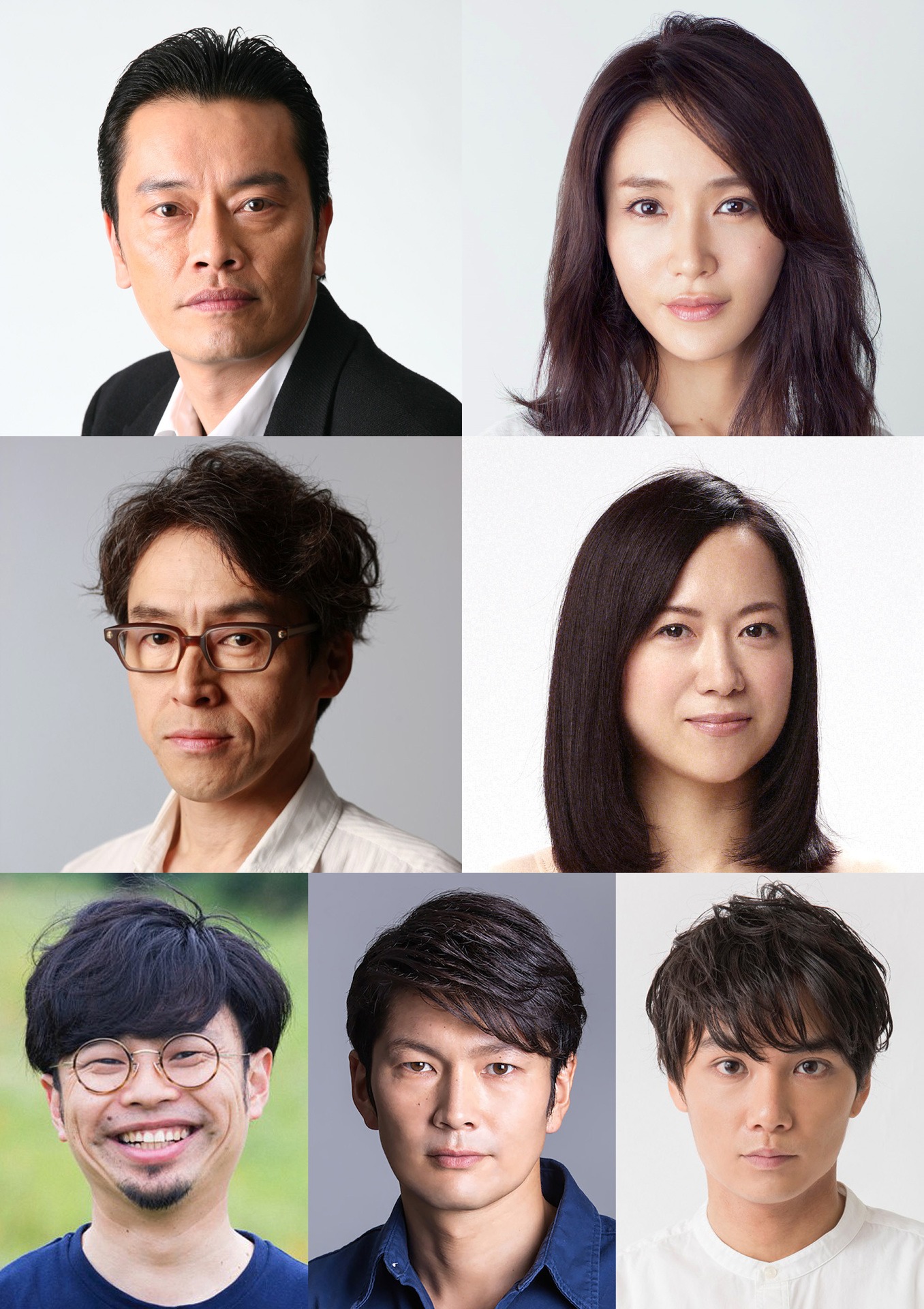 上段左から時計回りに遠藤憲一、山口紗弥加、和久井映見、矢野聖人、丸山智己、浜野謙太、浅野和之。