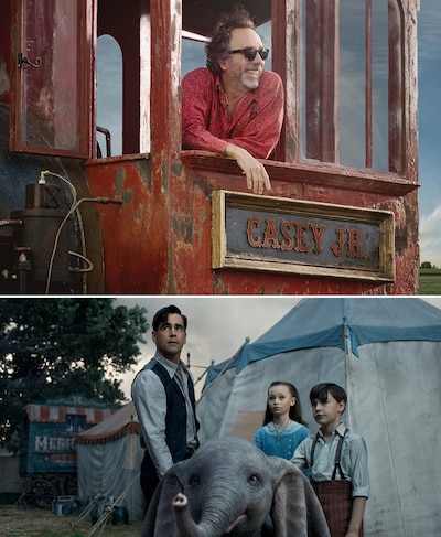 ティム・バートン（上段）、「ダンボ」の一場面（下段）。