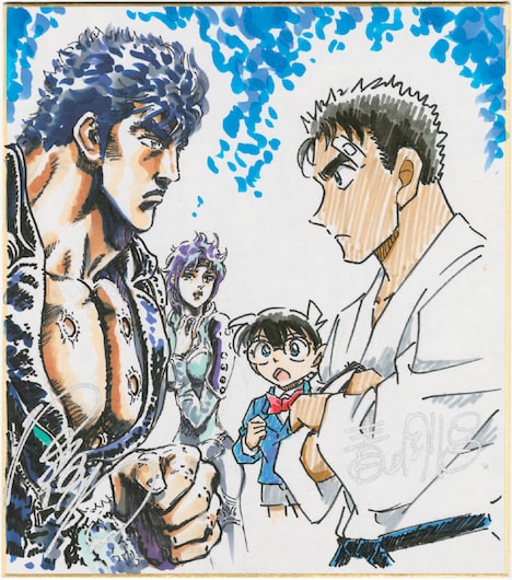 青山剛昌と原哲夫によるコラボイラスト。