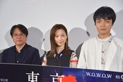 「東京二十三区女」トークイベント付き特別試写会の様子。左から長江俊和、島崎遥香、岡山天音。