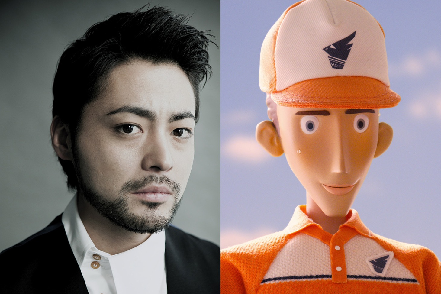 左から山田孝之、山田孝之が声を当てる“ハヤテくん”。