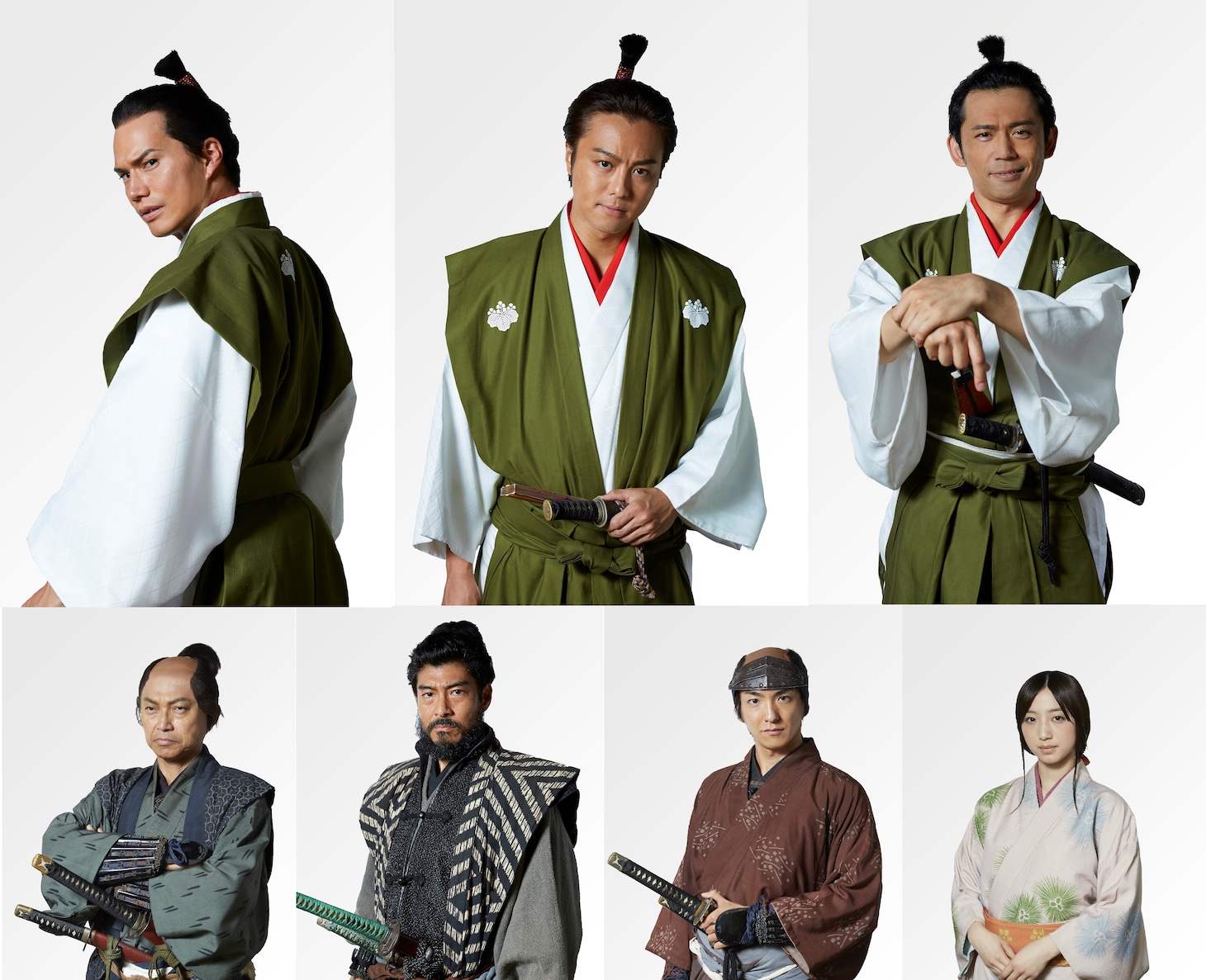 「3人の信長」キャスト。上段左から時計回りに市原隼人、TAKAHIRO、岡田義徳、坂東希、前田公輝、高嶋政宏、相島一之。