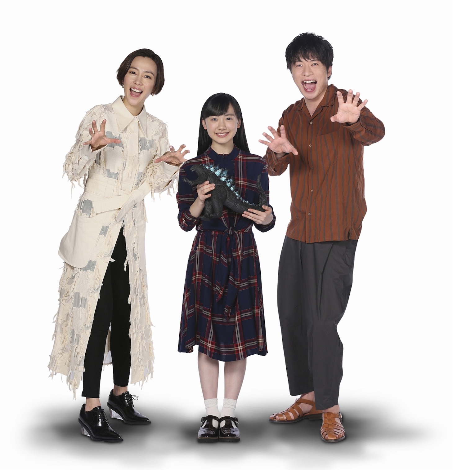 「ゴジラ キング・オブ・モンスターズ」日本語吹替キャスト。左から木村佳乃、芦田愛菜、田中圭。