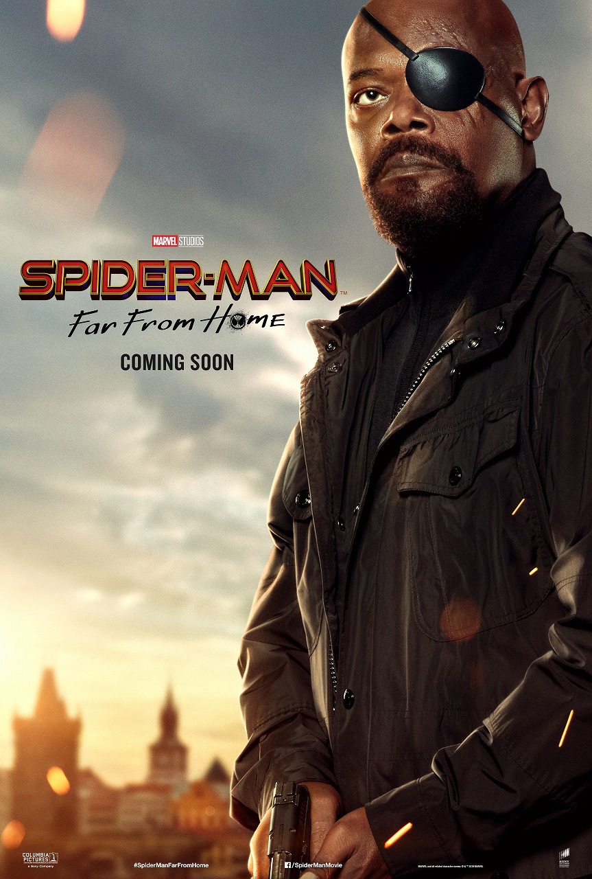 ニック・フューリーの「スパイダーマン：ファー・フロム・ホーム」キャラポスタービジュアル。