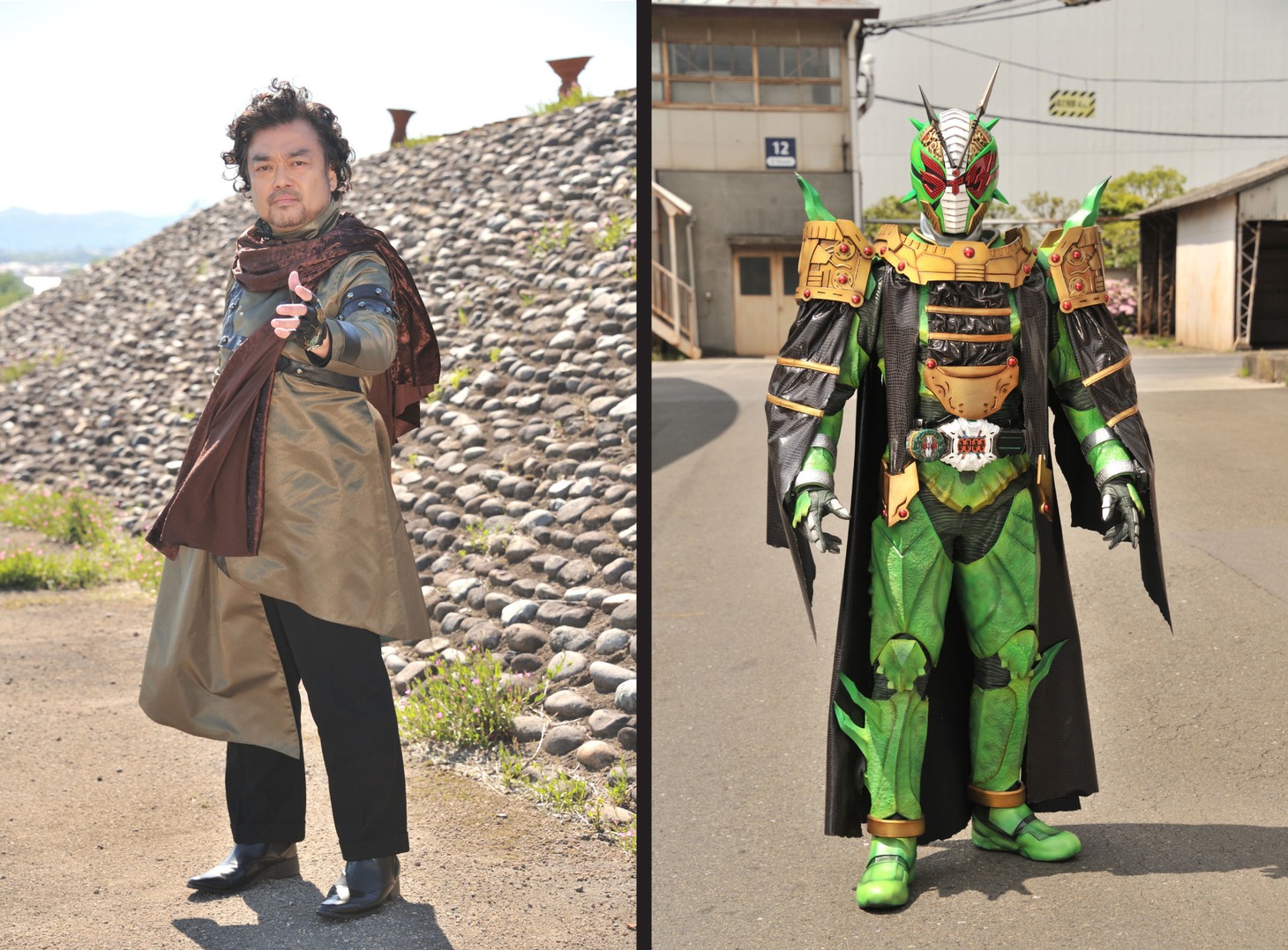 パパイヤ鈴木演じるカゲン（左）と仮面ライダーゾンジス（右）。