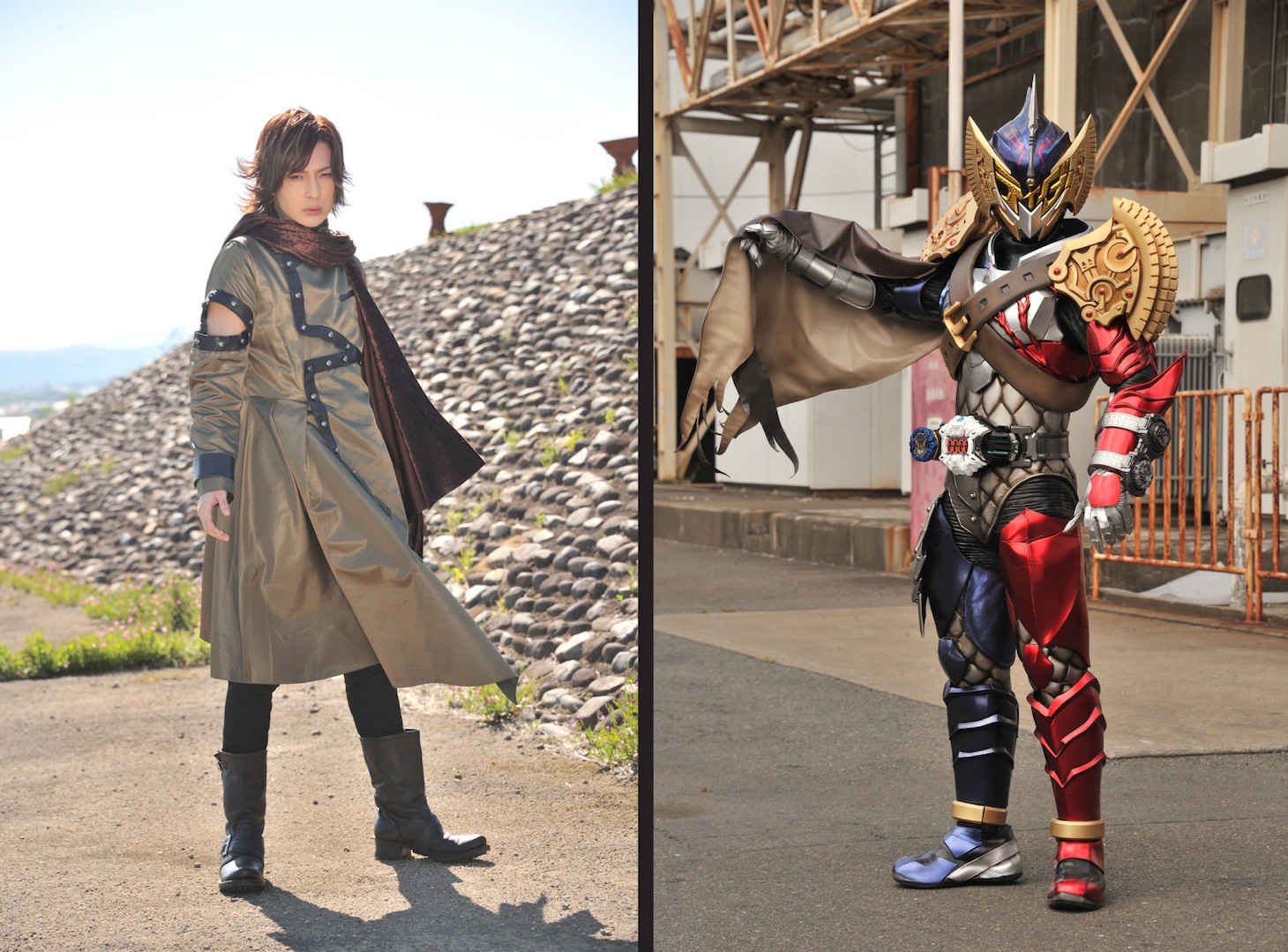 斉藤秀翼演じるジョウゲン（左）と仮面ライダーザモナス（右）。