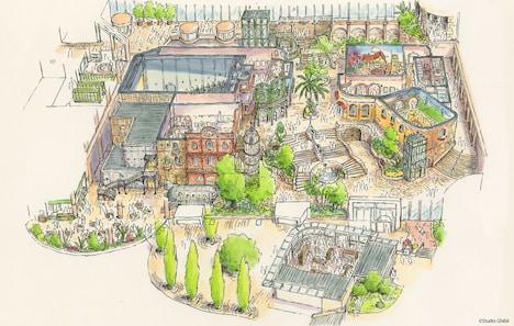 ジブリの大倉庫エリアのデザイン画（鳥瞰図）。