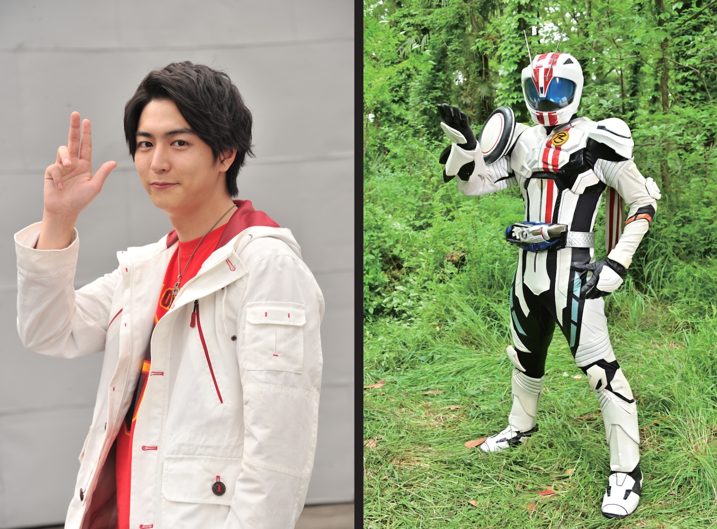 左から稲葉友演じる詩島剛、仮面ライダーマッハ。
