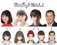 「空の青さを知る人よ」キャスト。左から若山詩音演じる相生あおい、吉岡里帆演じる相生あかね、吉沢亮演じるしんの、金室慎之介、松平健演じる新渡戸団吉。