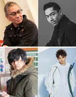 「その瞬間、僕は泣きたくなった-CINEMA FIGHTERS project-」監督とキャスト。左上から時計回りに三池崇史、AKIRA、佐藤大樹、井上博貴。