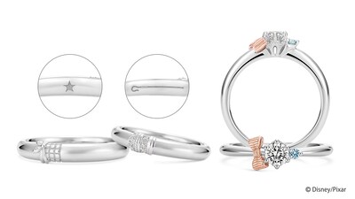 左からLovely Knot 結婚指輪（ウッディモチーフのリング / 税込11万円）、Lovely Knot 結婚指輪（ボー・ピープモチーフのリング / 税込11万円）、Lovely Knot 婚約指輪（リング / 税込12万3200円 ※中石代別途）。