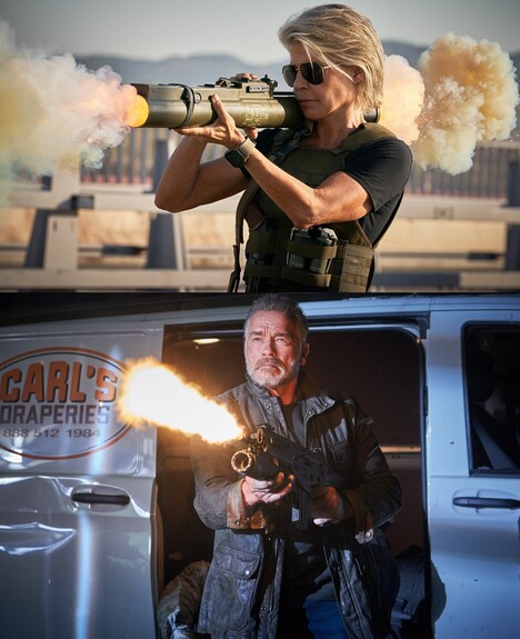 上からリンダ・ハミルトン演じるサラ・コナー、アーノルド・シュワルツェネッガー演じるT-800。