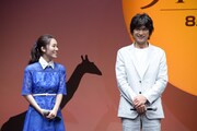 「ライオン・キング」プレミアム吹替版声優発表イベントの様子。左からナラ役の門山葉子、スカー役の江口洋介。