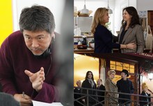 是枝裕和（左）、「真実」場面写真（右上と右下）。