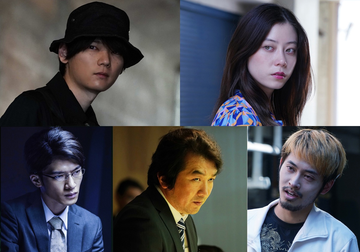 「悪の波動 殺人分析班スピンオフ」より、左上から時計回りに古川雄輝演じる野木直哉、SUMIRE演じる浅田吉佳、平埜生成演じる浅田剛志、池田鉄洋演じる井口智一、深澤辰哉演じる矢島啓介。