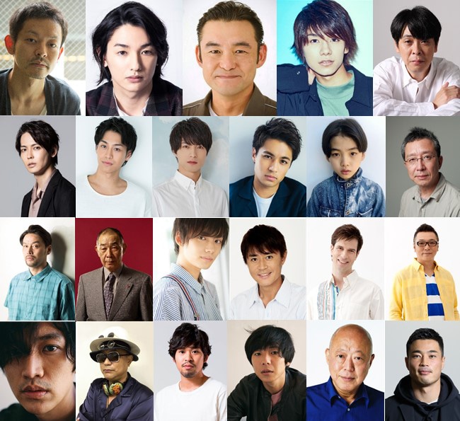 「サウナーマン～汗か涙かわからない～」出演者。1段目左から山中崇、七瀬公、仁科貴、北川尚弥、森下能幸。2段目左から猪塚健太、小澤亮太、小南光司、佐伯大地、柴崎楓雅、鈴木晋介。3段目左から寺中寿之、でんでん、糠信泰州、野々村真、パトリック・ハーラン、吉田眞。4段目左からフィガロ・ツェン、ブラザートム、本間淳志、水間ロン、六平直政、山田章仁。