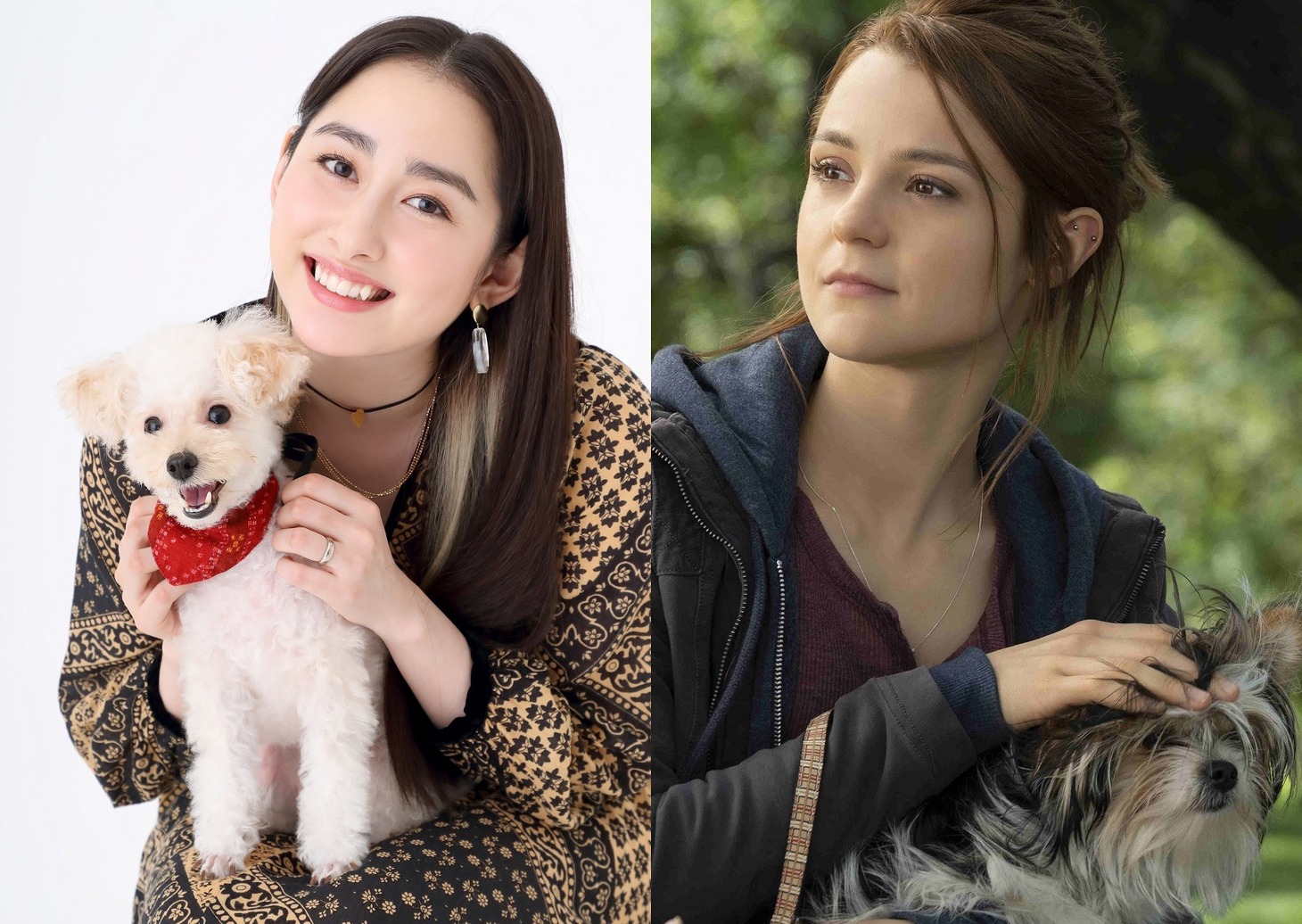 左から早見あかりとおこめ、キャスリン・プレスコット演じるCJ。