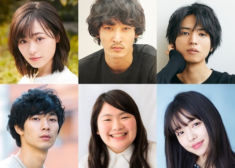 「チート～詐欺師の皆さん、ご注意ください～」キャスト。左上から時計回りに福原遥、上杉柊平、桐山漣、横田真悠、富田望生、清原翔。