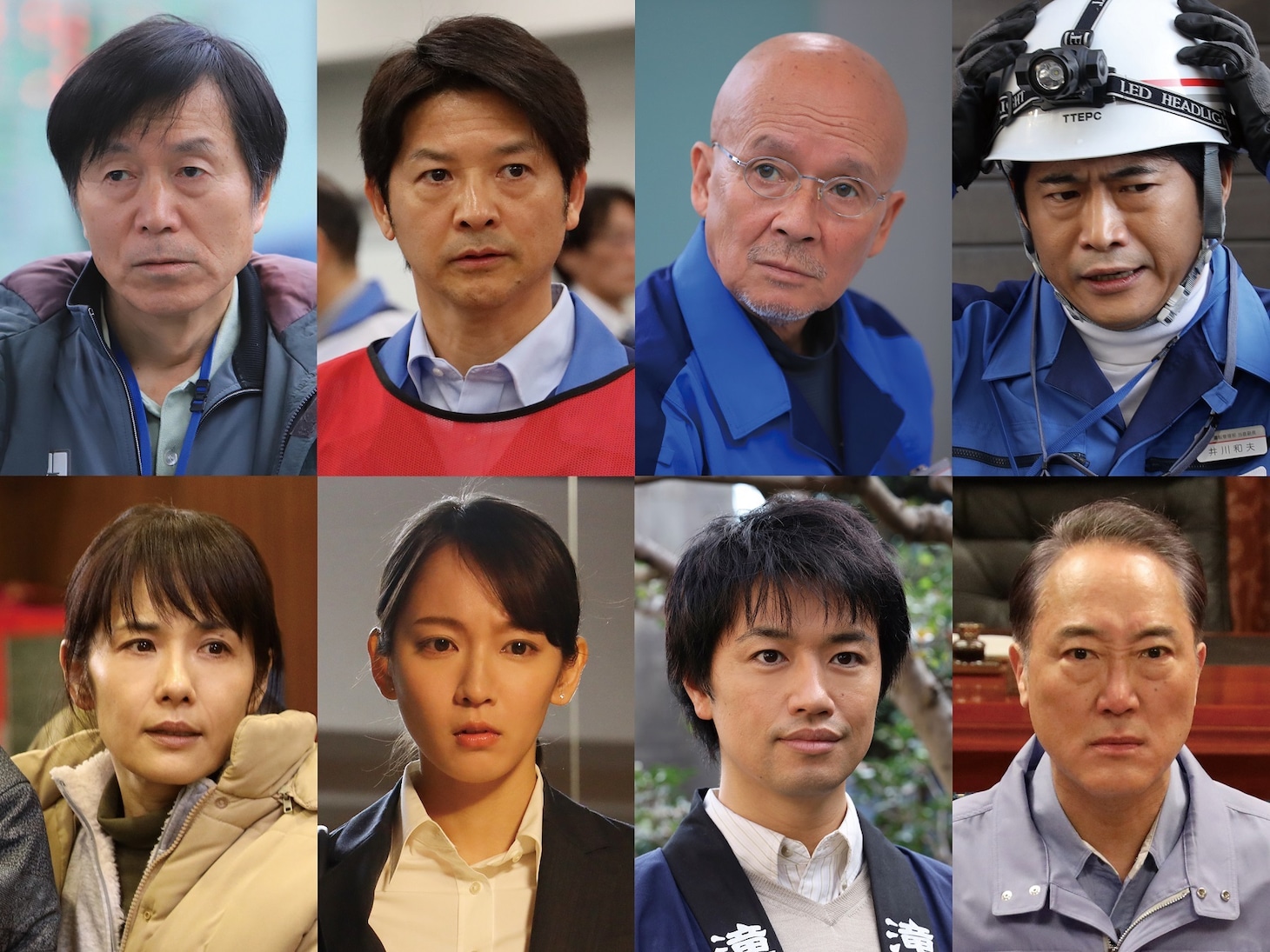 左上から時計回りに平田満、緒形直人、火野正平、萩原聖人、佐野史郎、斎藤工、吉岡里帆、富田靖子。