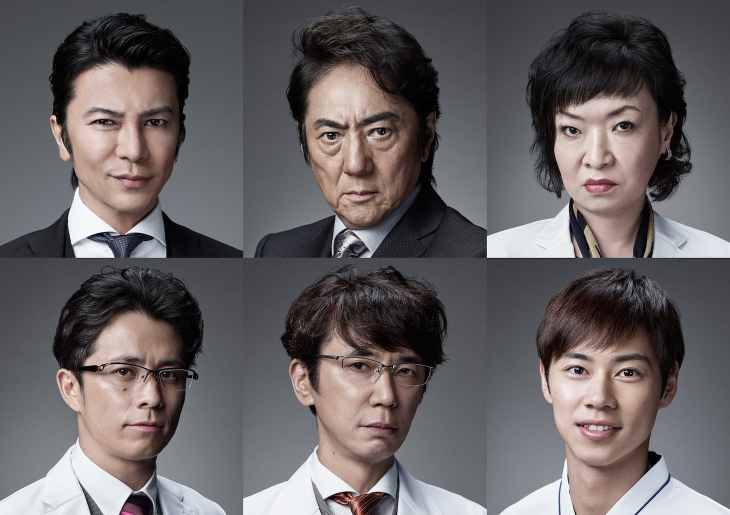 「ドクターX～外科医・大門未知子～」第6シリーズの新レギュラーキャスト。左上から時計回りに武田真治、市村正親、清水ミチコ、戸塚純貴、ユースケ・サンタマリア、藤森慎吾。