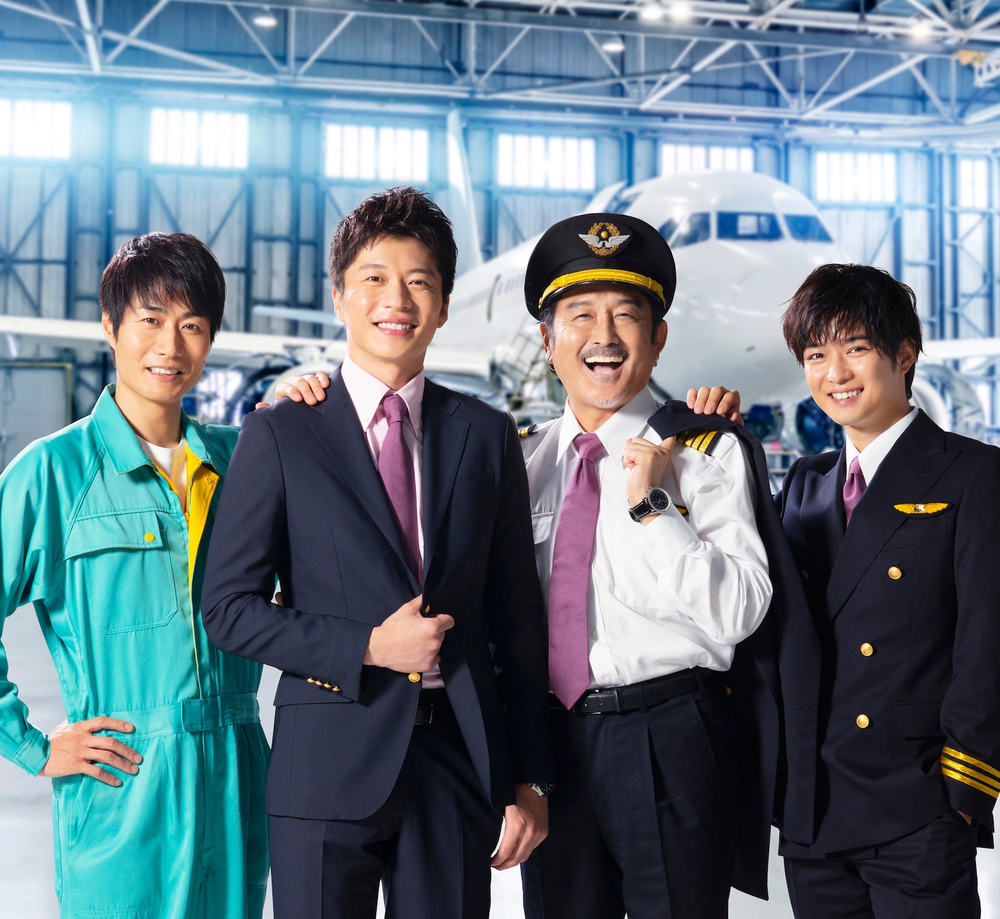 「おっさんずラブ-in the sky-」キャスト。左から四宮要役の戸次重幸、春田創一役の田中圭、黒澤武蔵役の吉田鋼太郎、成瀬竜役の千葉雄大。