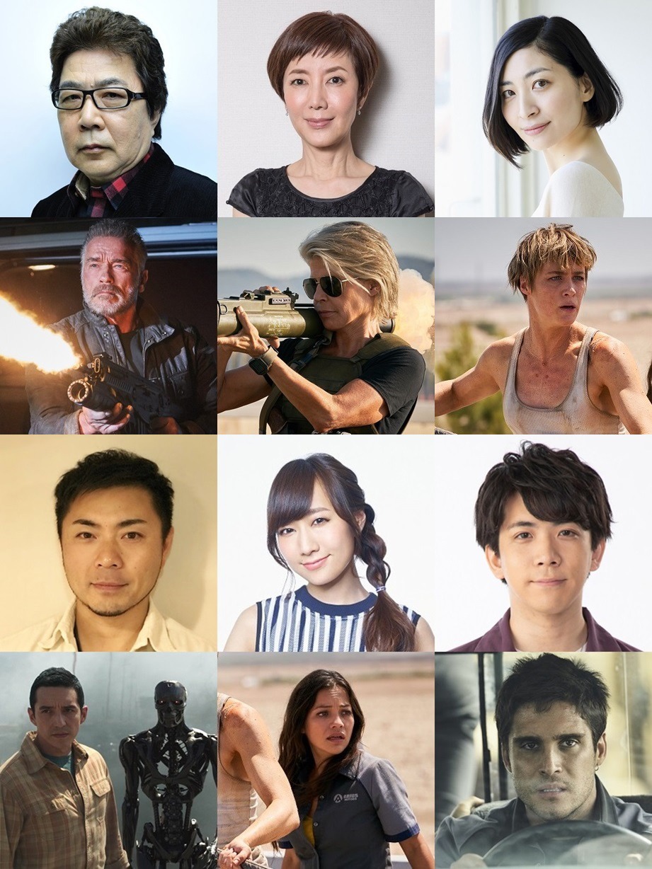 「ターミネーター：ニュー・フェイト」の日本語吹替版キャスト。上段左から玄田哲章、戸田恵子、坂本真綾。下から2段目左から小松史法、高垣彩陽、伊東健人。