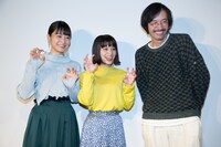 「ボルダリングをしているときのイメージで」というマスコミからの無茶ぶりに応える深川麻衣（左）、岸井ゆきの（中央）。その要求を聞いて笑う今泉力哉（右）。