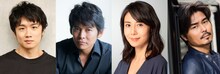 「連続ドラマW 頭取 野崎修平」キャスト。左から風間俊介、織田裕二、松嶋菜々子、小澤征悦。