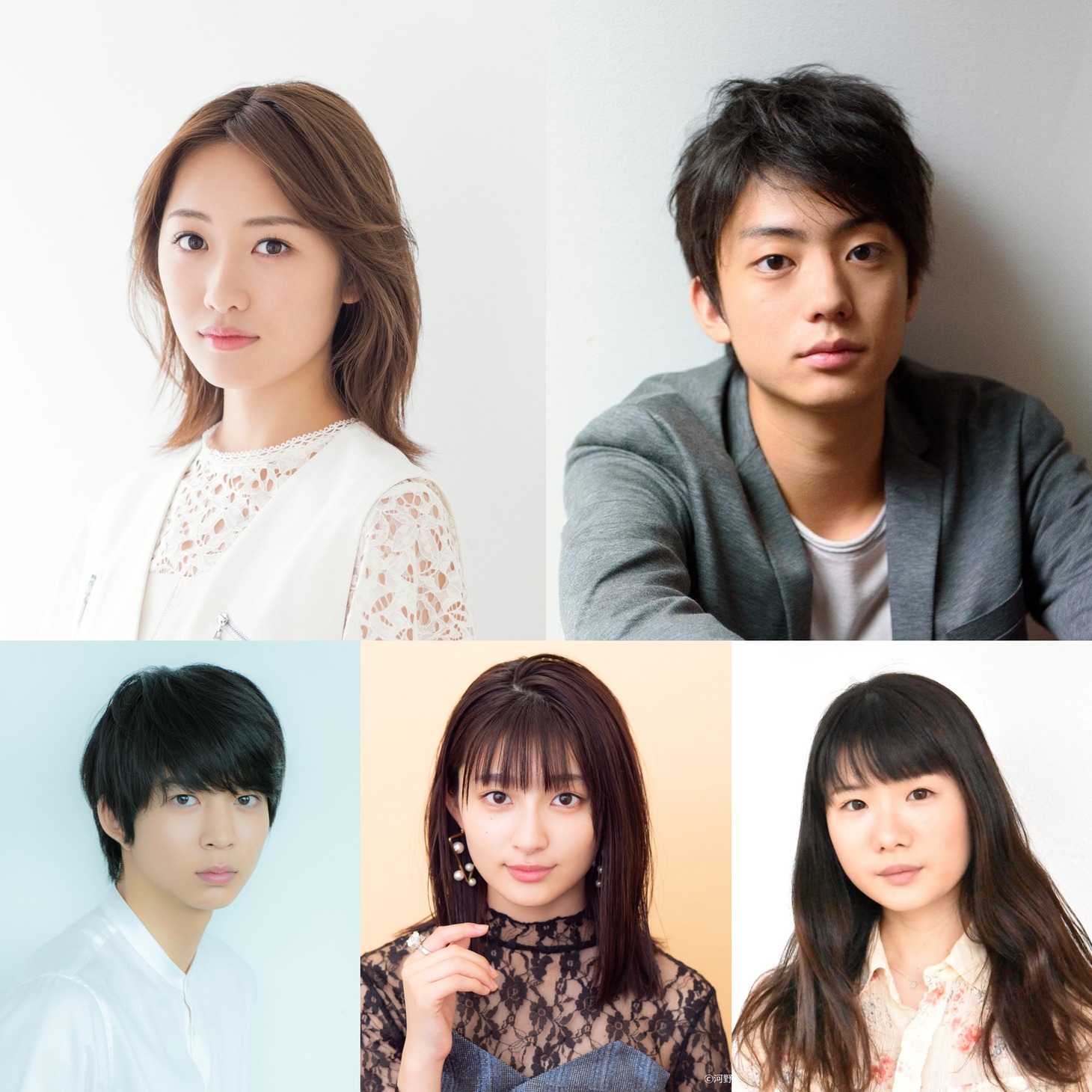 「のぼる小寺さん」キャスト。上段左から工藤遥、伊藤健太郎。下段左から鈴木仁、吉川愛、小野花梨。