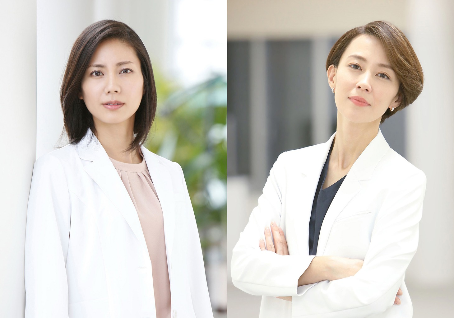 「アライブ がん専門医のカルテ」キャスト。左から松下奈緒演じる恩田心、木村佳乃演じる梶山薫。