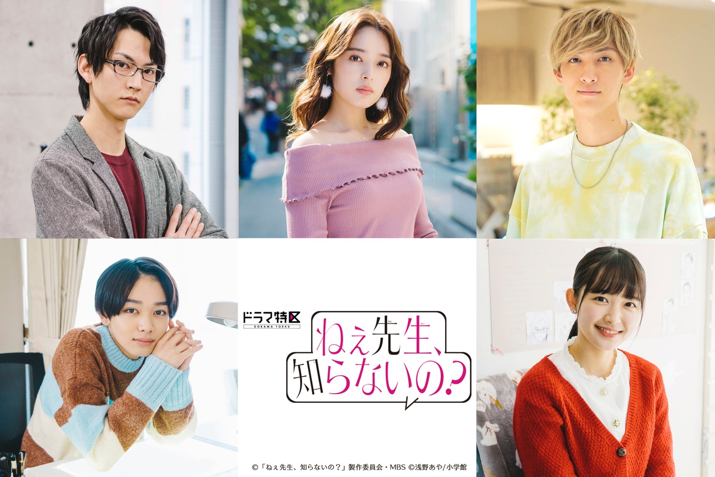 「ねぇ先生、知らないの？」新キャスト。左下から時計回りに宮世琉弥、和田雅成、矢作穂香、古川毅、反田葉月。