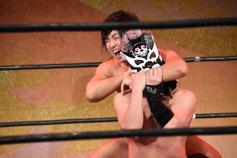 反則の噛み付き攻撃をする犬鳴めんそーれ(手前)。