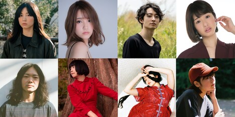左上から時計回りに早織、加藤玲奈(AKB48)、濱正悟、川上奈々美、ナビ、ひらく、西山小雨、小竹原晋。