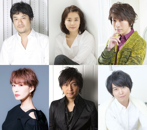 上段左から藤原啓治、石田ゆり子、小野大輔。下段左から朴ろ美、中村悠一、斉藤壮馬。