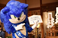 「オレの活躍を早くみんなに観てもらいたい!!」と書いた絵馬を見せるソニック。