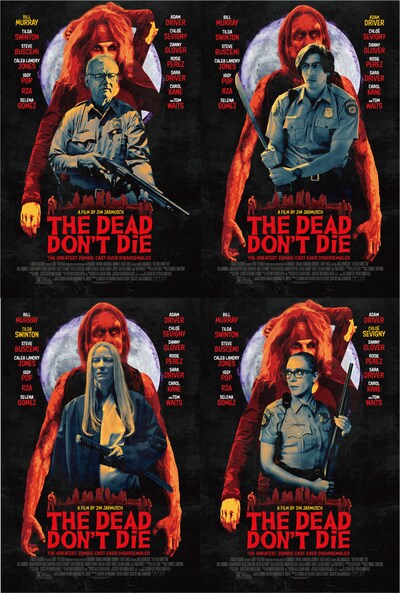 「デッド・ドント・ダイ」キャラクターポスター。左上から時計回りに、ビル・マーレイ演じるクリフ、アダム・ドライバー演じるロニー、クロエ・セヴィニー演じるミンディ、ティルダ・スウィントン演じるゼルダ。