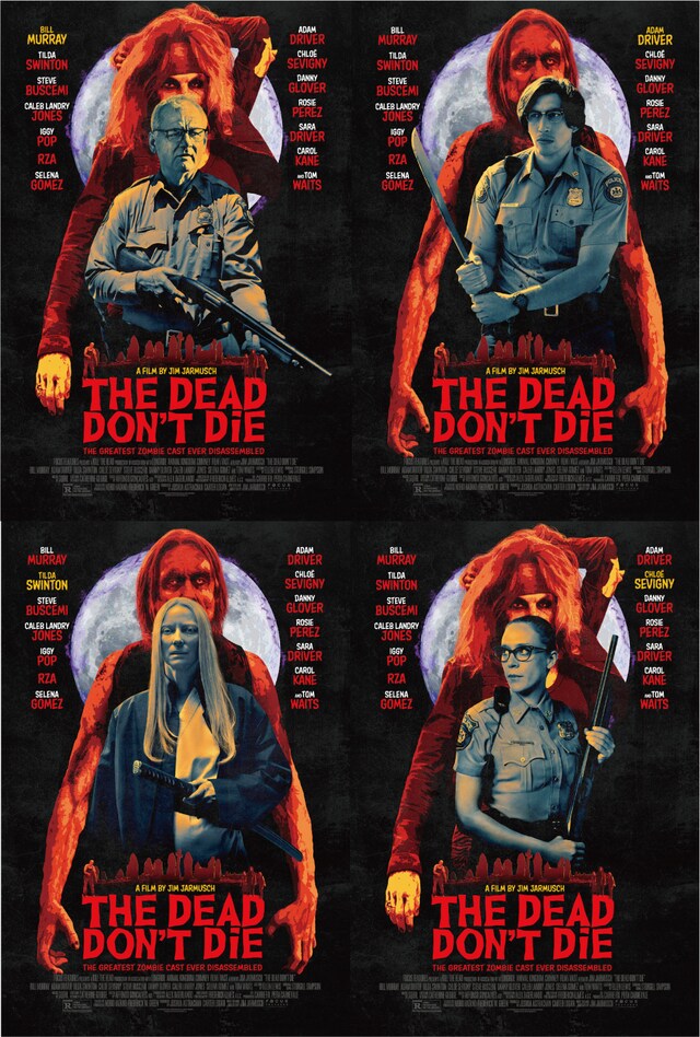 「デッド・ドント・ダイ」キャラクターポスター。左上から時計回りに、ビル・マーレイ演じるクリフ、アダム・ドライバー演じるロニー、クロエ・セヴィニー演じるミンディ、ティルダ・スウィントン演じるゼルダ。