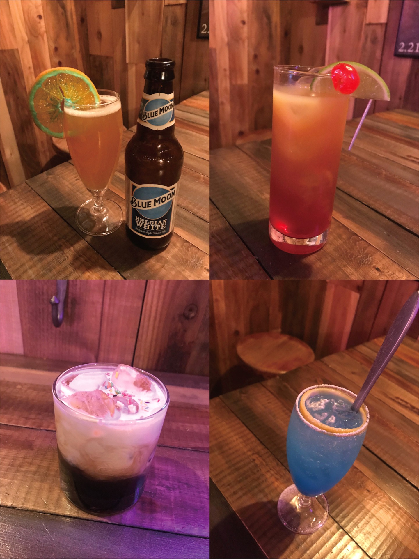 Cafe&Bar BIG FISHの「ブルームーンビール スライスオレンジ付き」（左上）、「ロニー」（右上）、「クリフ」（左下）、「ゼルダ」（右下）。