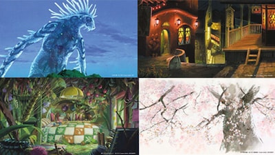 左上から時計回りに、「もののけ姫」「千と千尋の神隠し」「かぐや姫の物語」「借りぐらしのアリエッティ」の背景素材。